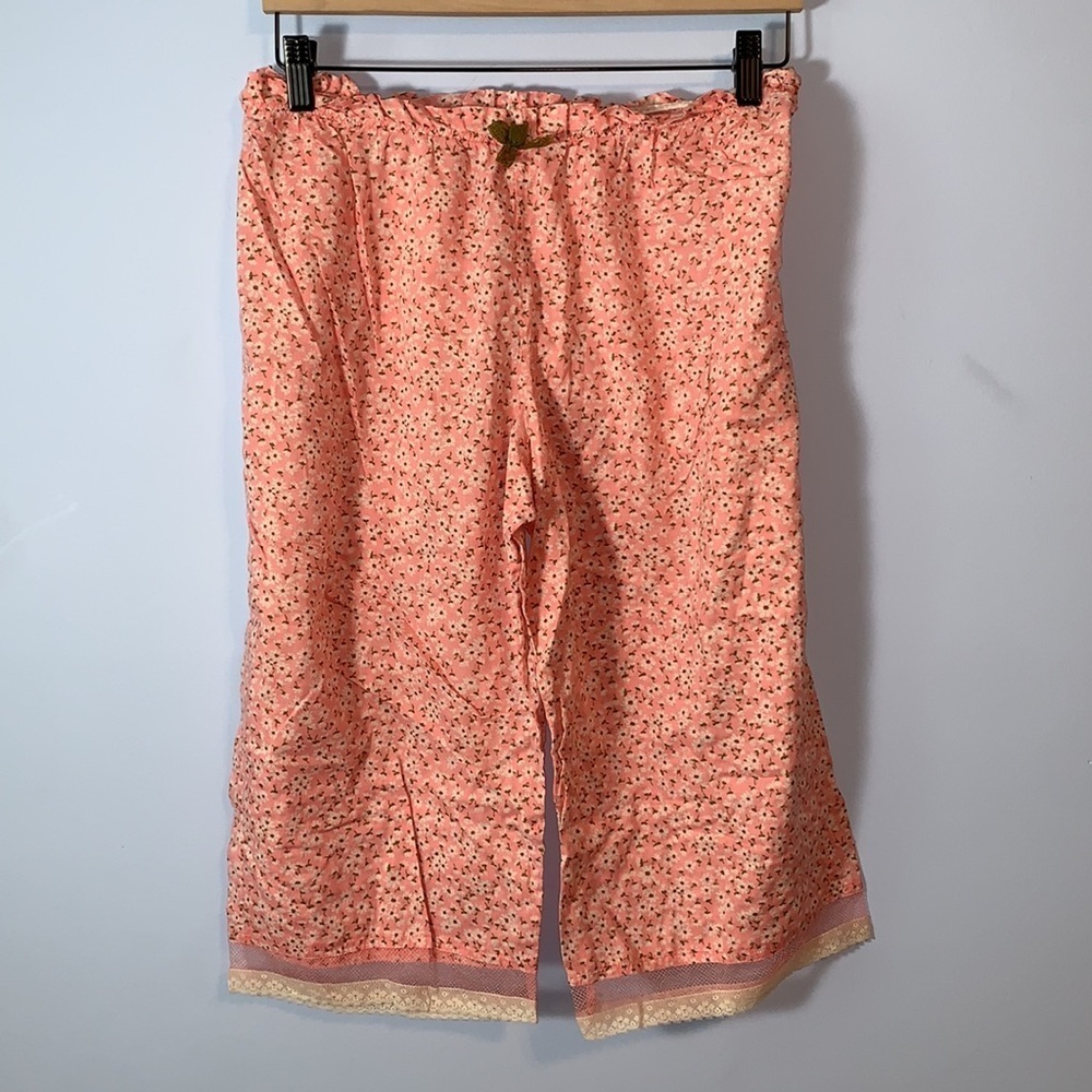 Victoria's Secret vintage Pink Floral Pajama capris pants velvet trim cotton